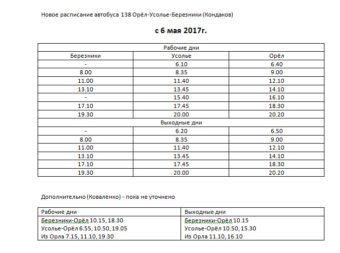 Расписание автобусов орел автовокзал. Расписание 138 автобуса Березники Усолье. Расписание автобусов 138 Березники Орел. Расписание 138 автобуса Березники Усолье Орел. Расписание автобуса 138 Березники Орел 2022 год.